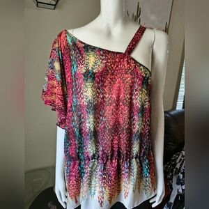 a.n.a One-Shoulder Multicolor Printed Blouse - Pink, Teal, Gold